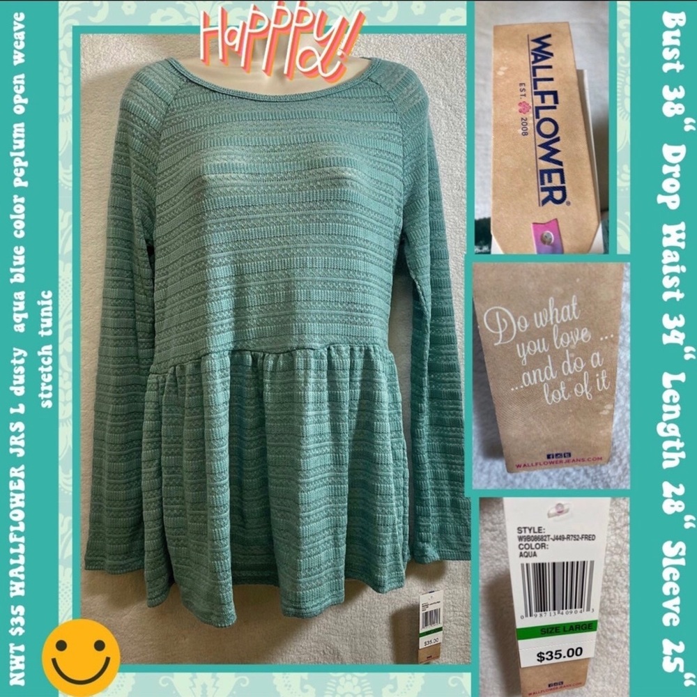 NWT $35 JRS L tunic dusty-aqua color peplum open weave stretch-from WALLFLOWER